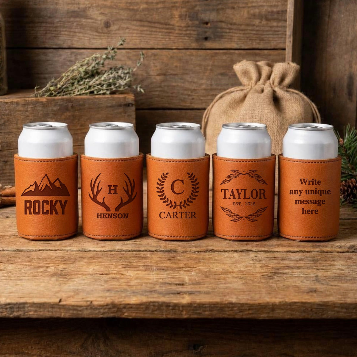 Set of 5 Groomsmen Custom Leather Can Coolers