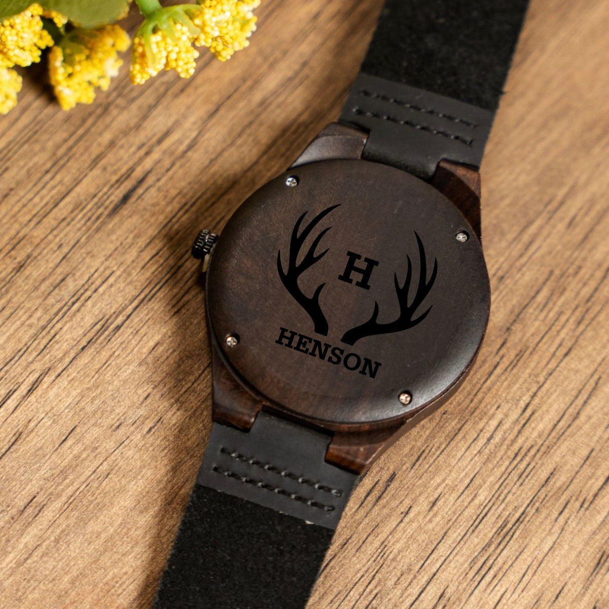 Engraved Dark Brown Wood Watch