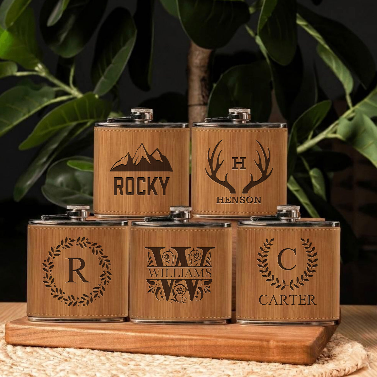 Set of 5 Groomsmen Leather Wrapped Stainless Flasks