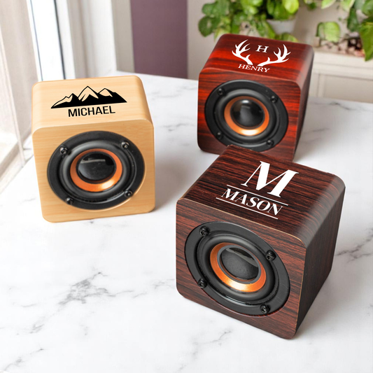 Cherry wood Bluetooth speaker close-up, custom wedding party gift