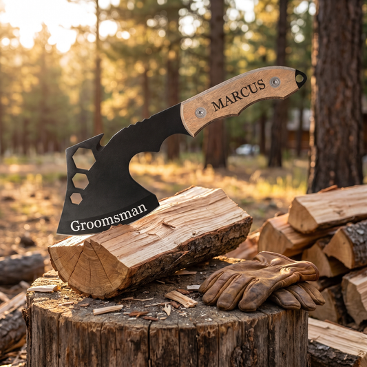 Personalized custom hatchet engraved "Groomsman" with the name "Marcus" on the handle, buried in a split log on an outdoor chopping stump beside leather work gloves and a pine-tree backdrop