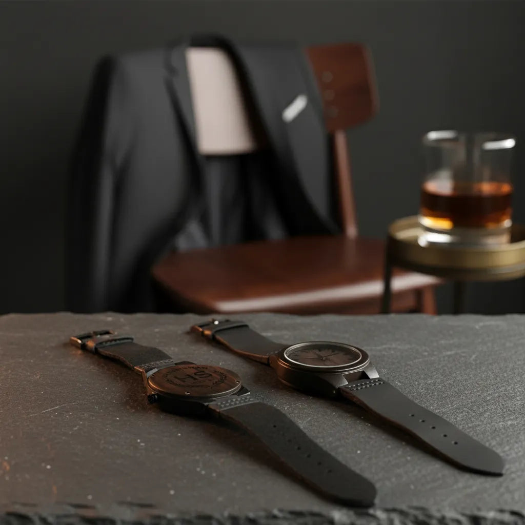 Personalized wooden watch in gift-ready packaging groomsmen view 3