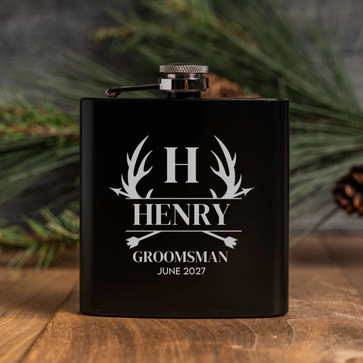 Custom engraved groomsmen black flask best man gift view 3