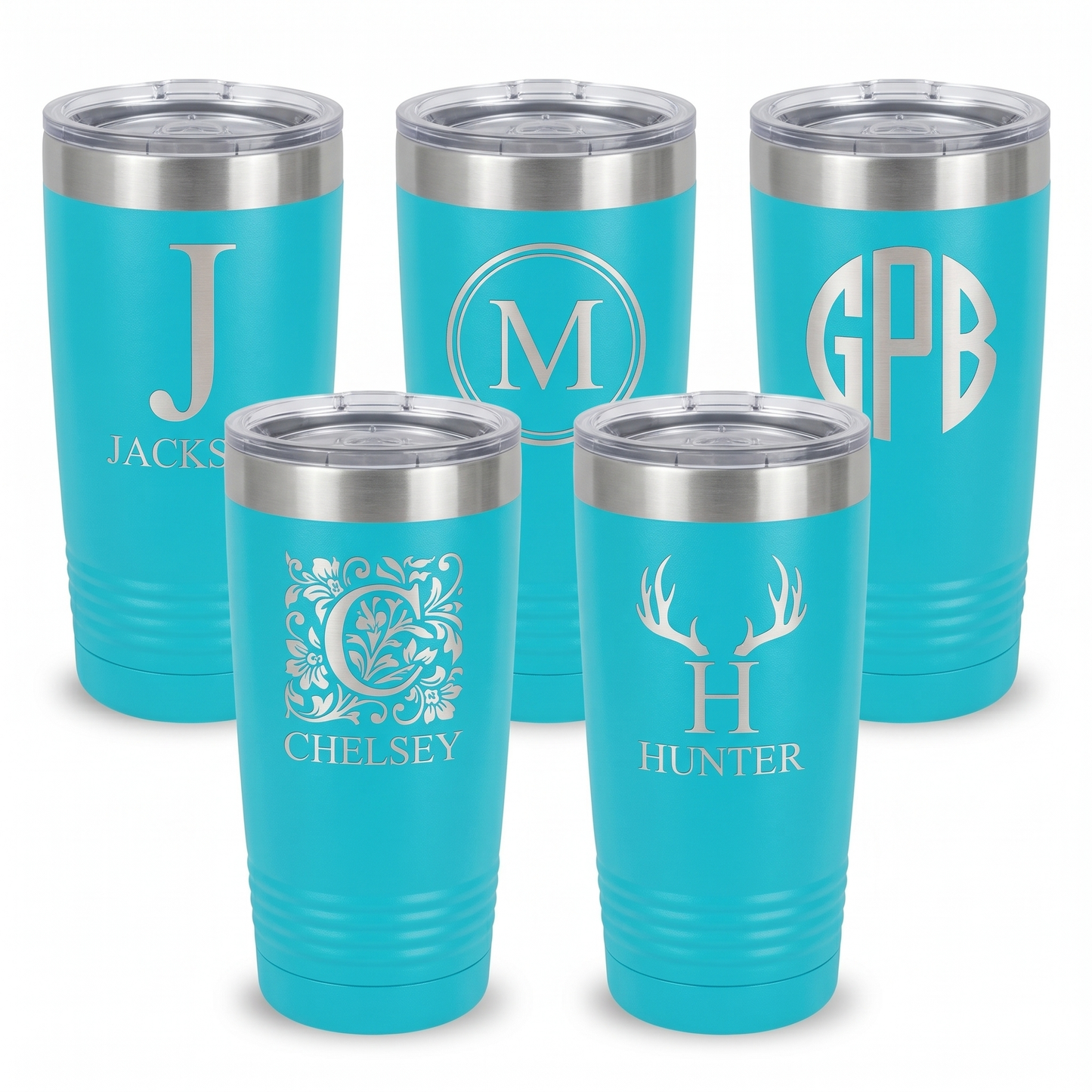 Engraved set of 5 cyan 20oz tumblers with silver lip, personalized gift set