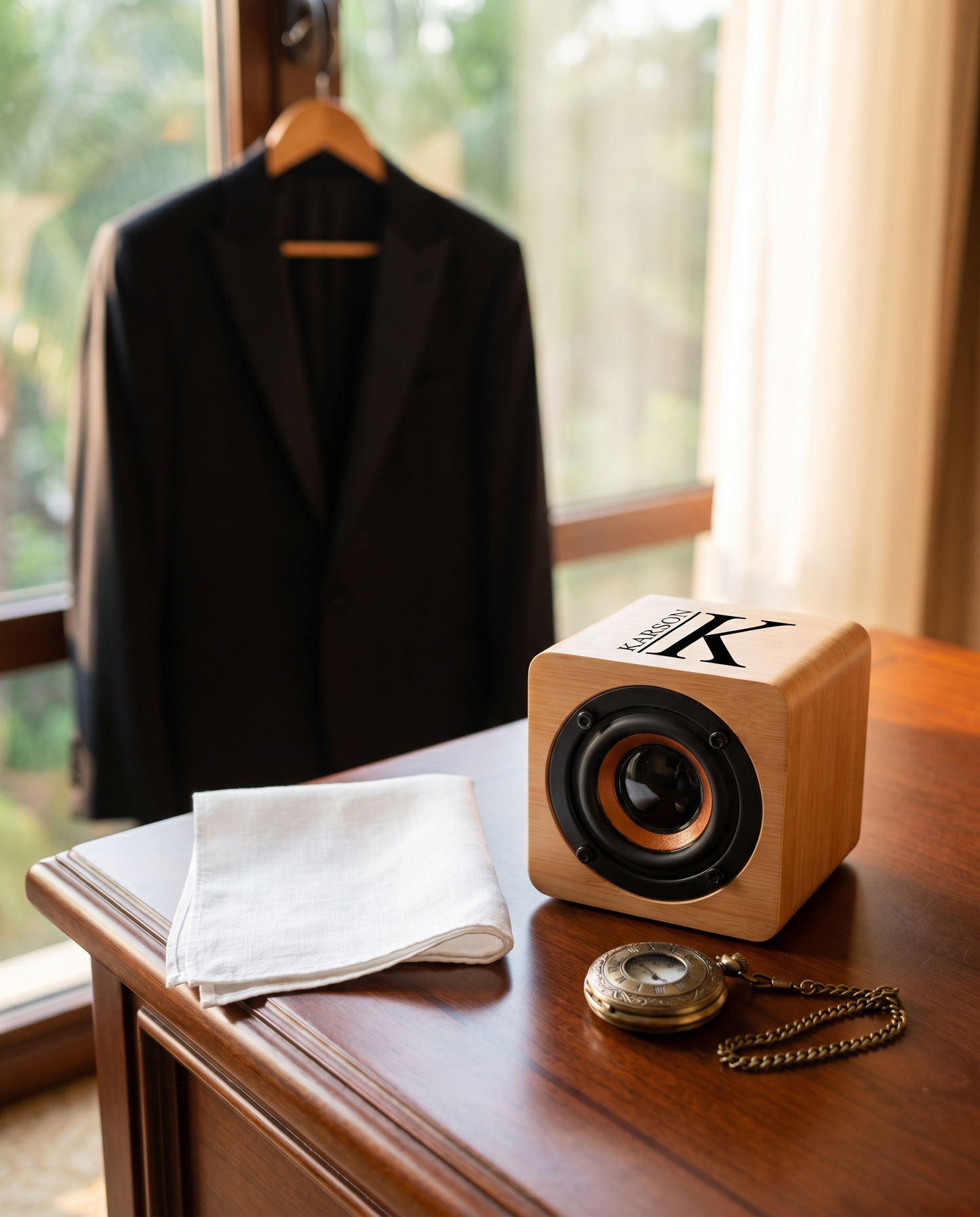 Cherry wood Bluetooth speaker on hotel suite dresser with tuxedo softly blurred in background