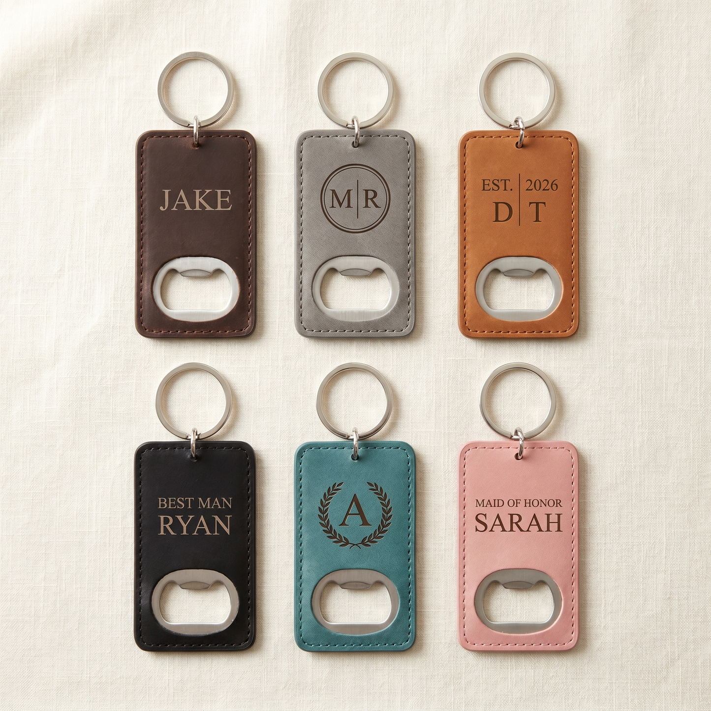 Engraved keychain bottle openers color lineup — all six colors (Dark Brown, Grey, Rawhide, Black, Teal, Pink) with different engraving designs