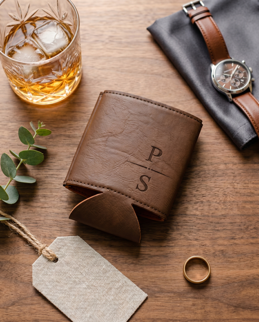 Personalized dark brown vegan leather groomsmen can cooler flat lay with whiskey, watch and eucalyptus