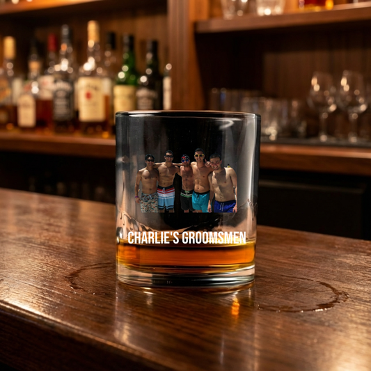 Custom photo whiskey glass for groomsmen, bachelor party gift