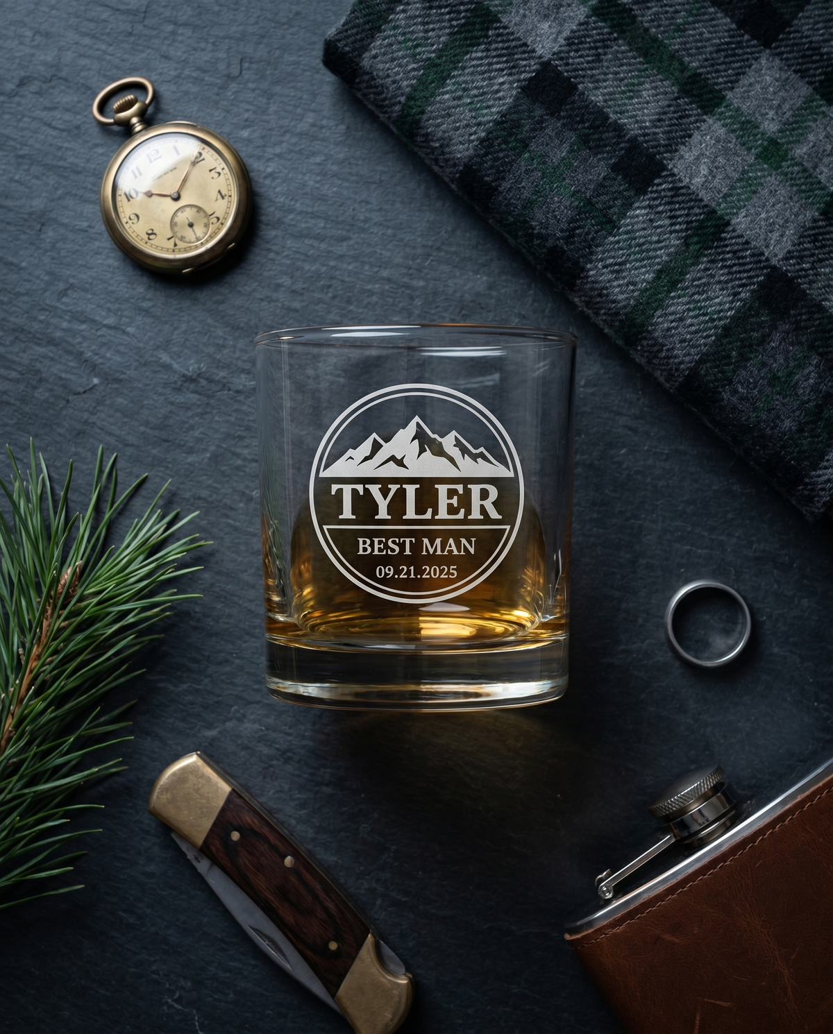Personalized lowball whiskey glass with mountain badge engraving — slate, flannel and rye whiskey styling