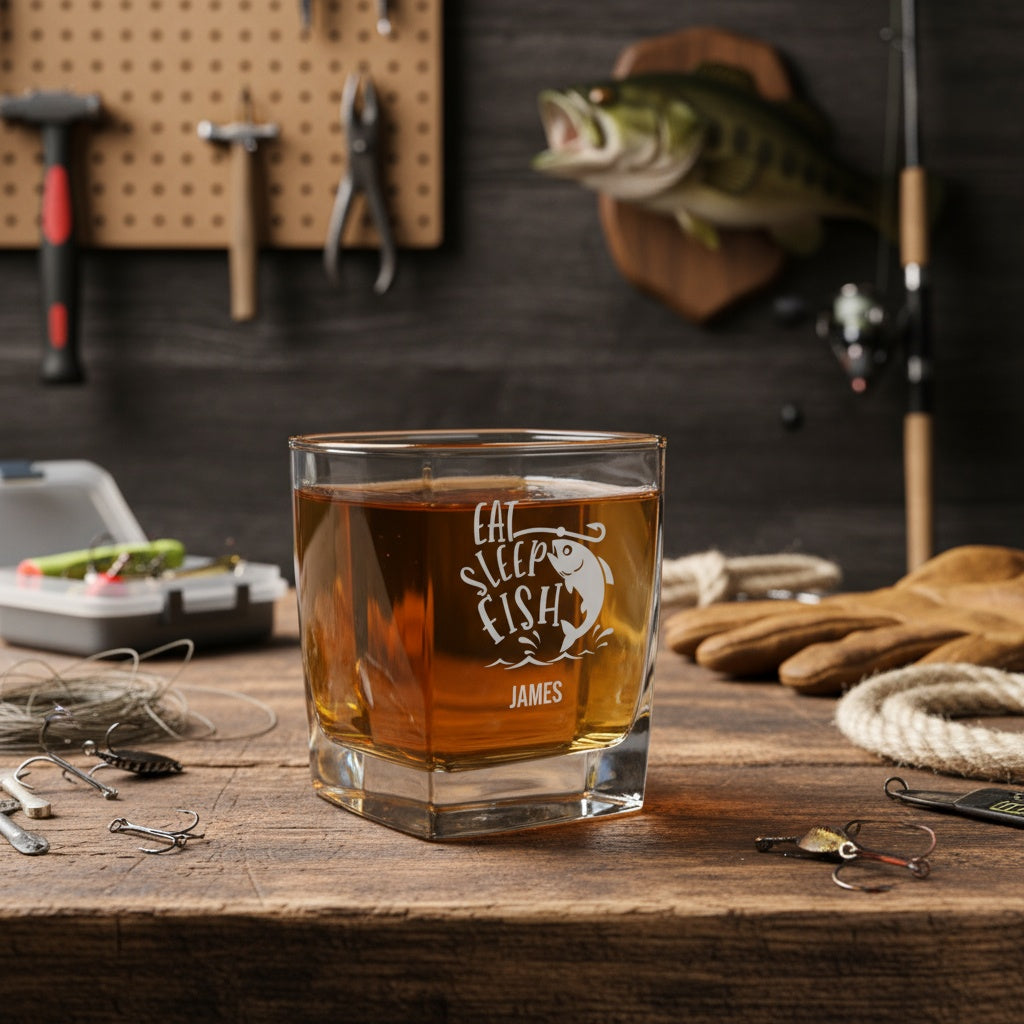 Fishing whiskey glass design options - retirement gift