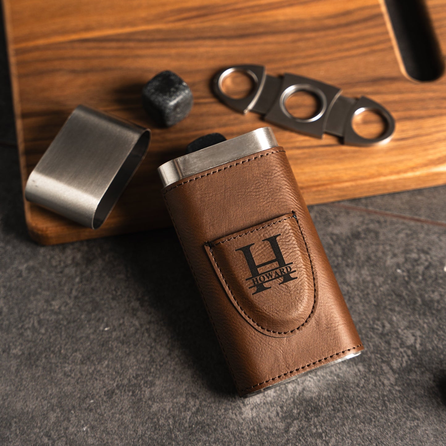 Brown leather cigar case gift packaging - wedding party gift