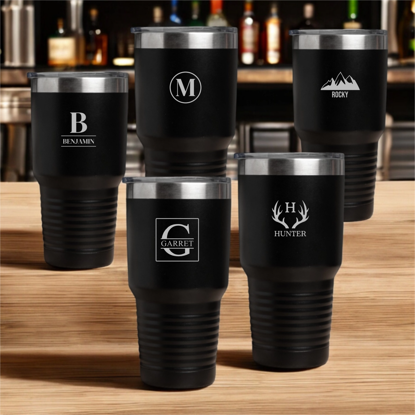 Engraved black tumbler detail - personalized groomsmen tumbler