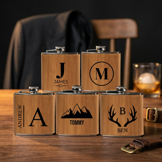 Set of 5 Groomsmen Leather Wrapped Stainless Flasks - personalized wedding party gift