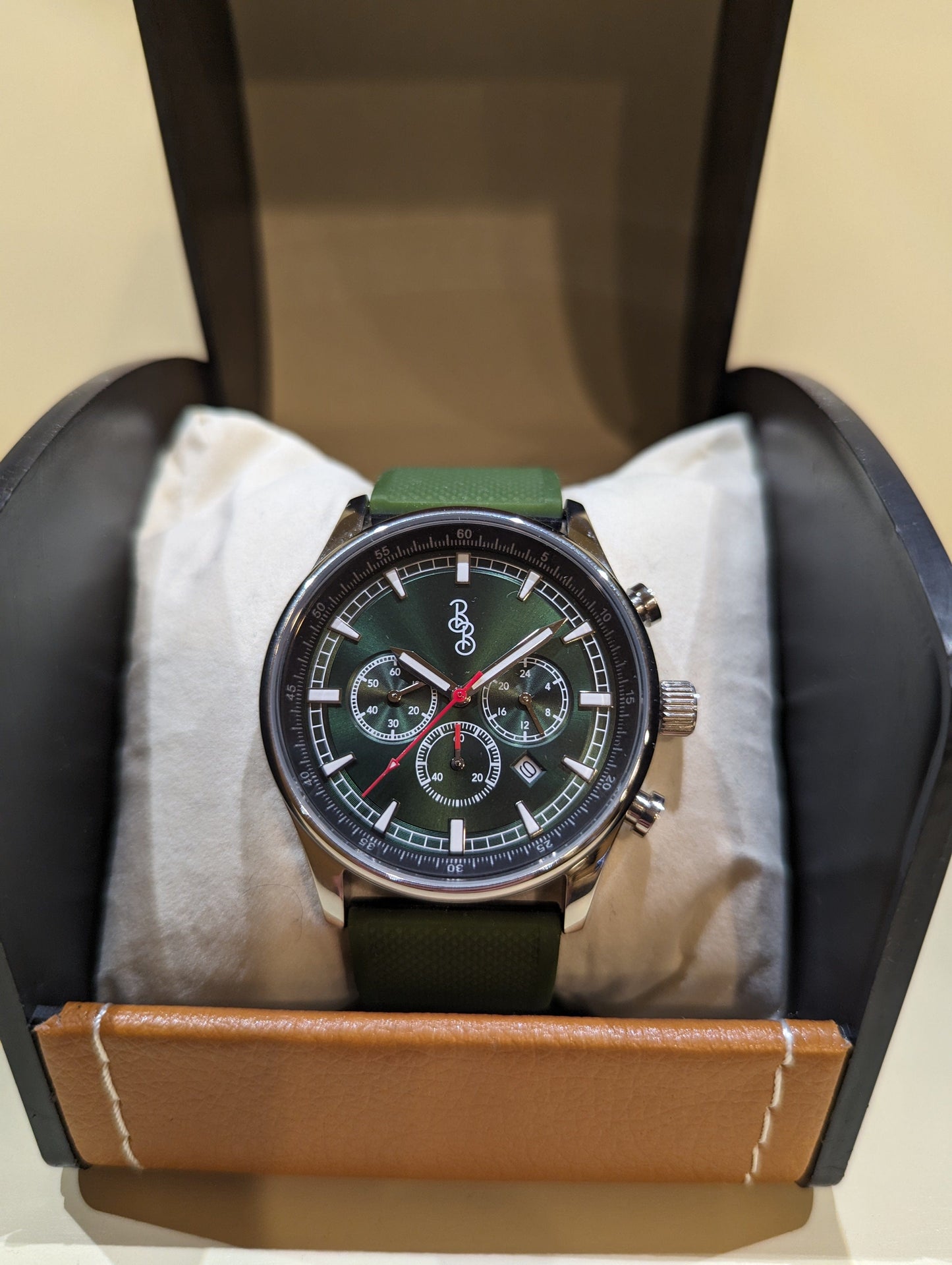 Green Sport Chronograph wrist lifestyle shot, wedding day gift