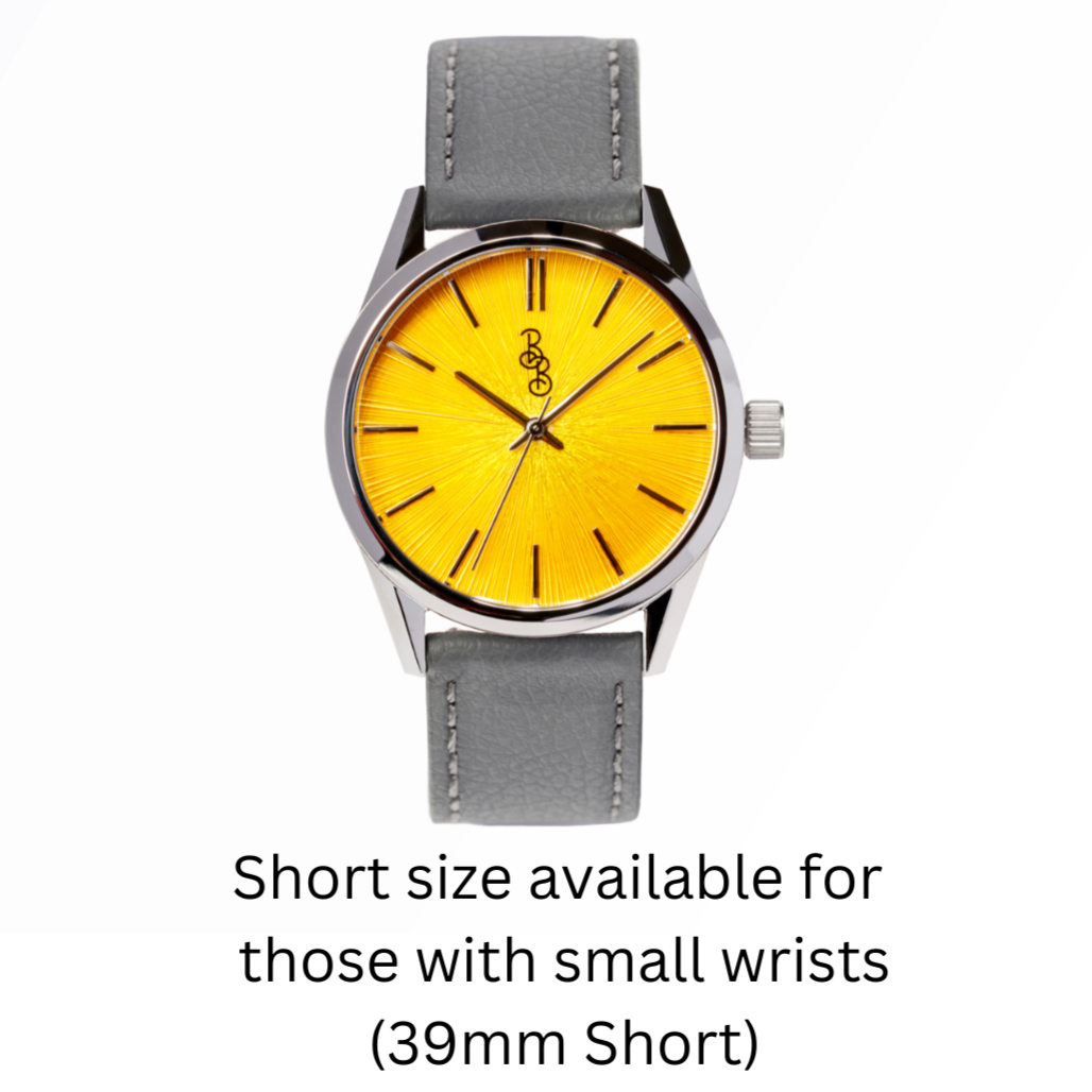 39mm Short Yellow Sunburst Watch on appleskin strap, gift for him
