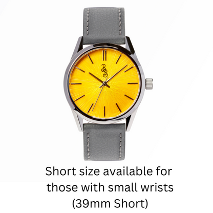 39mm Short Yellow Sunburst Watch on appleskin strap, gift for him