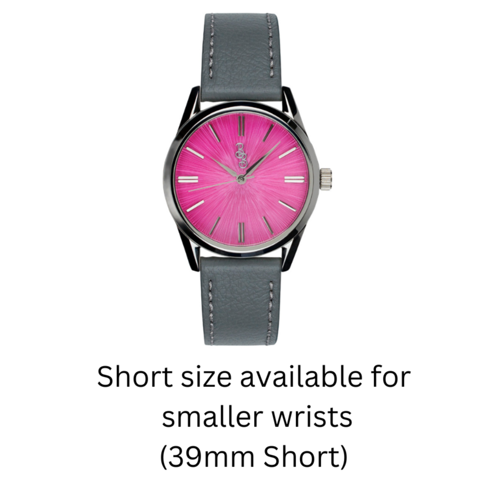 39mm Short Pink Sunburst Watch sizing reference, gift for her