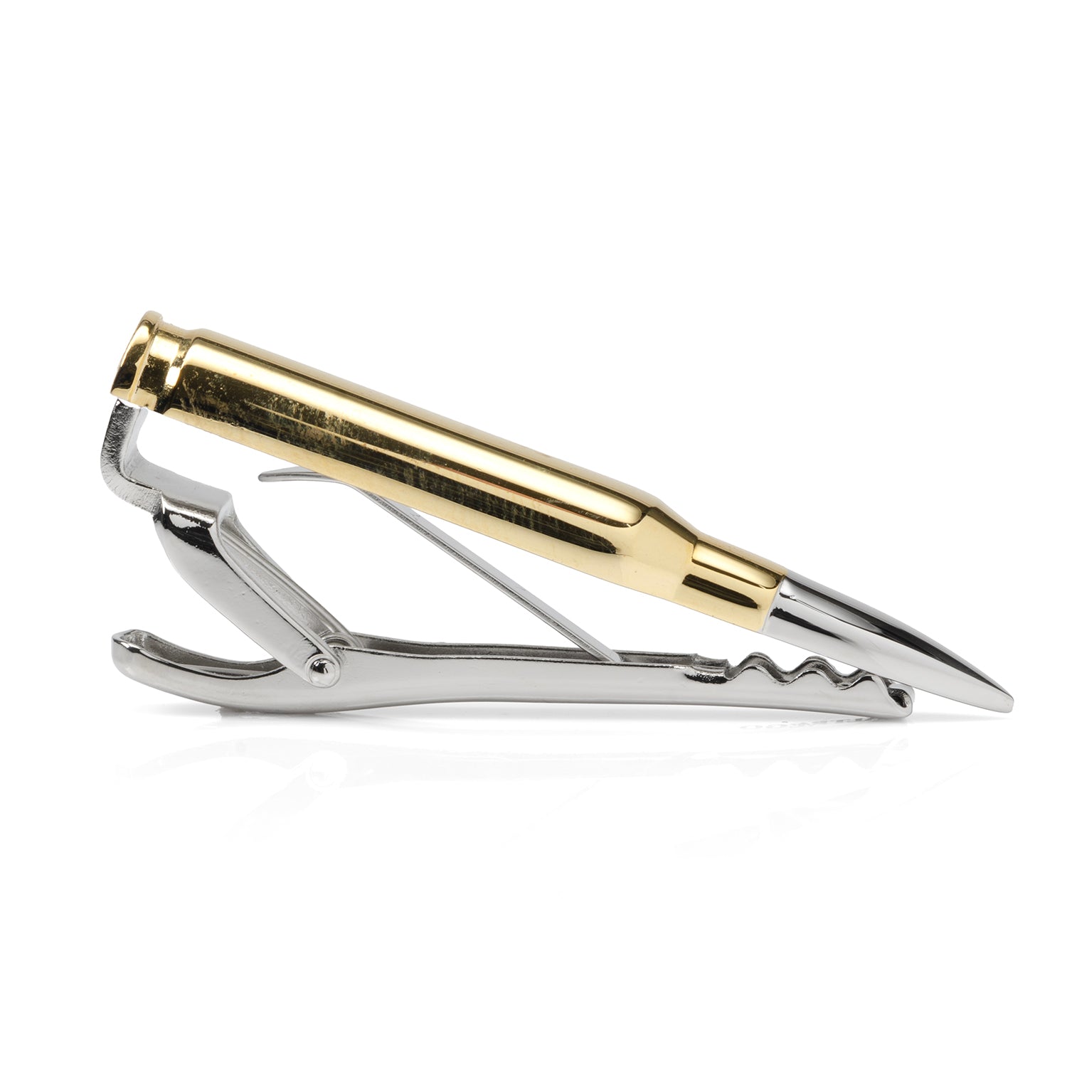 Bullet tie clip back view showing spring clip closure detail