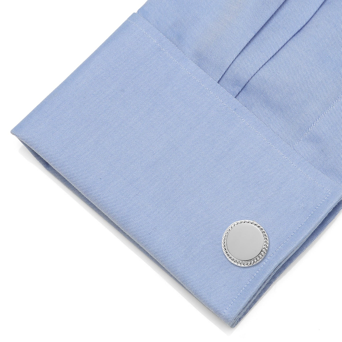 Rope border round engravable cufflinks close-up, custom wedding gift