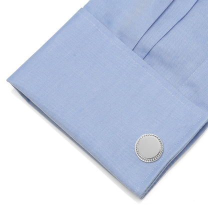 Rope border round engravable cufflinks close-up, custom wedding gift