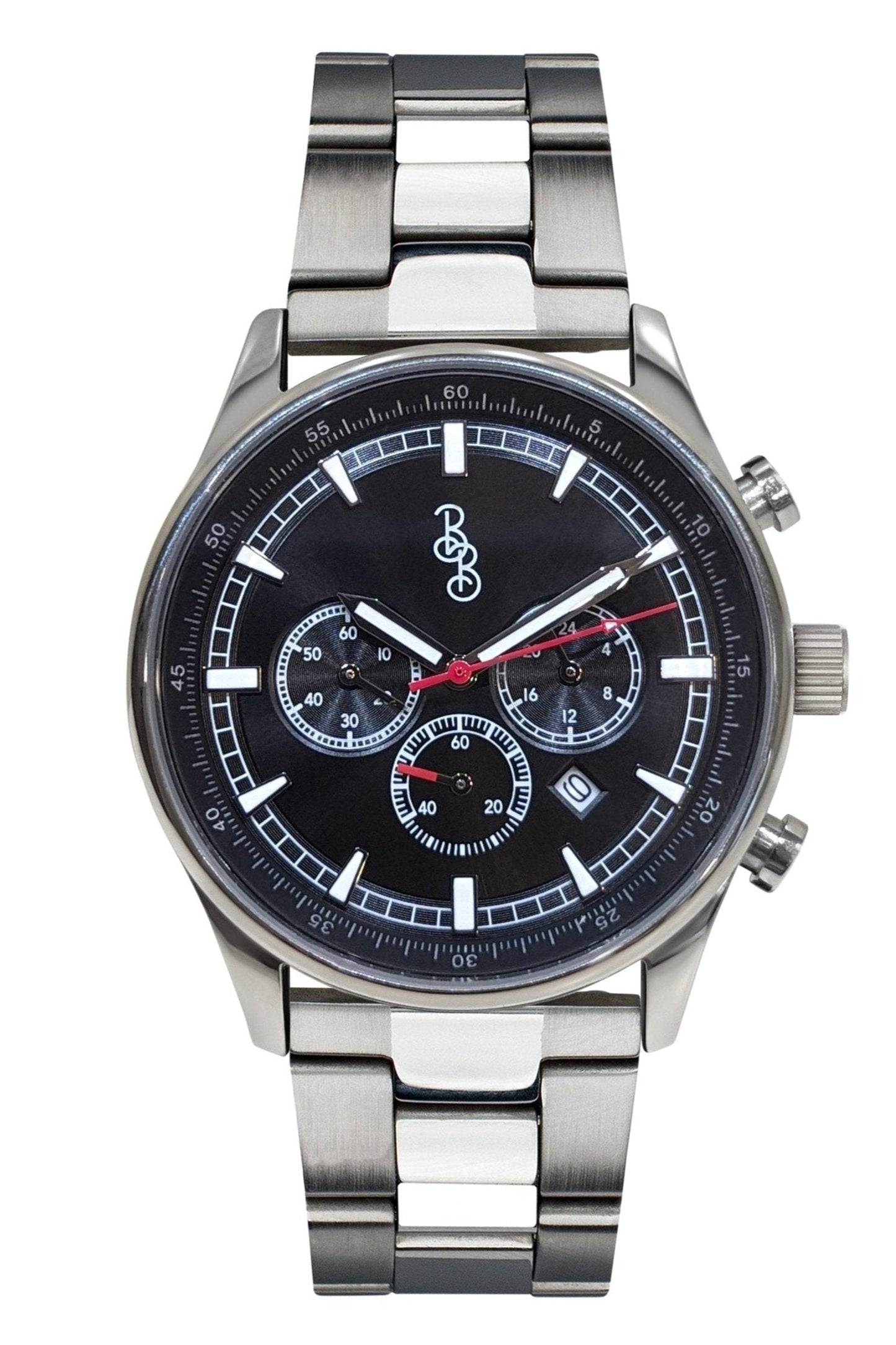 Black sport chronograph on stainless steel bracelet, men's daily watch
