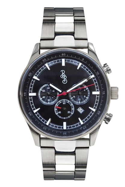 Black sport chronograph on stainless steel bracelet, men's daily watch