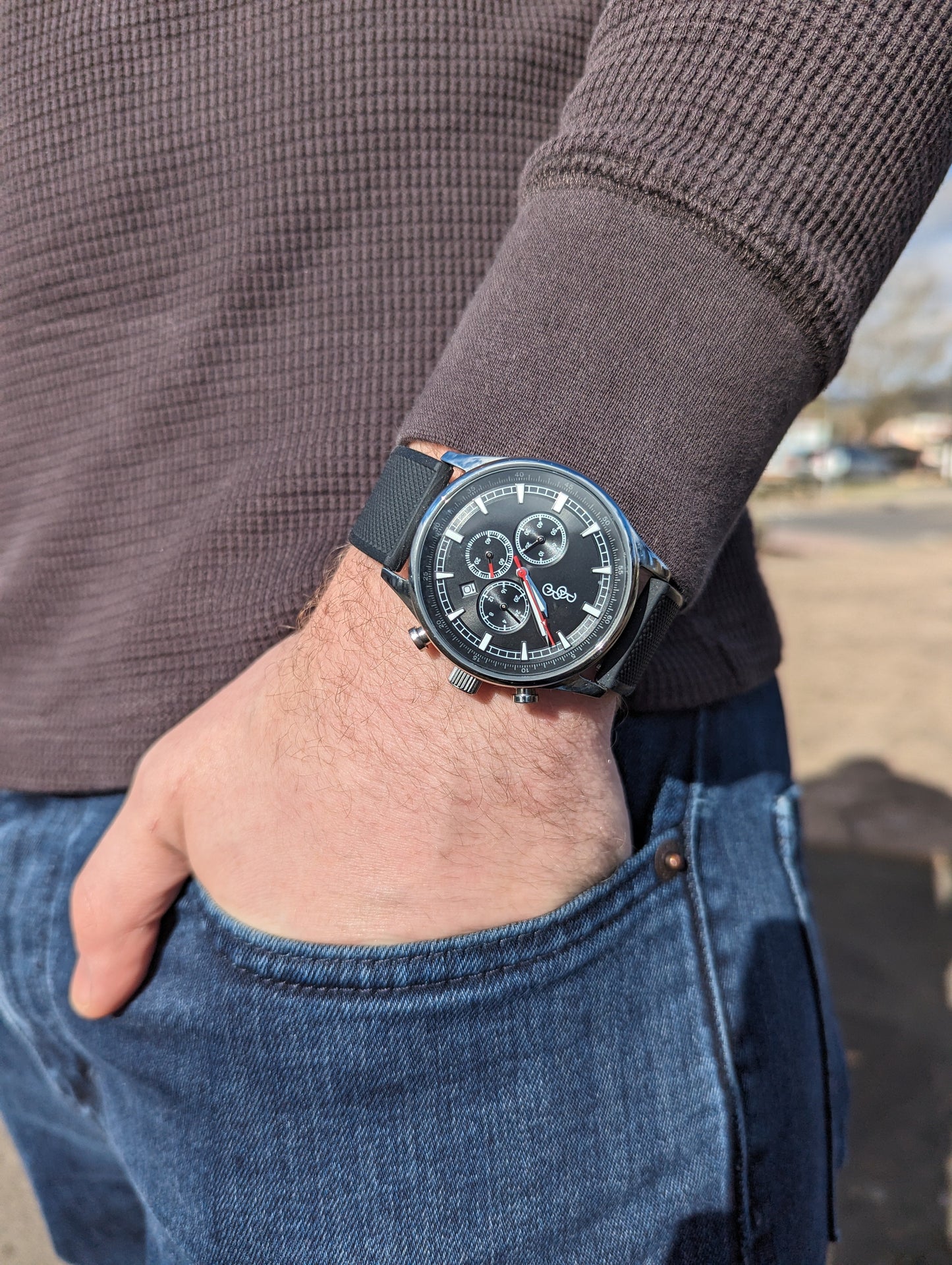 Black sport chronograph silicone strap lifestyle pocket shot