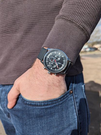 Black sport chronograph silicone strap lifestyle pocket shot