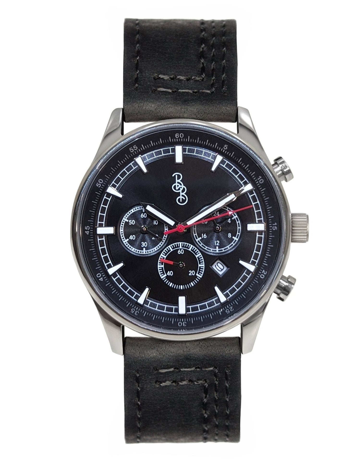 Black sport chronograph on double stitched leather strap, groomsmen gift