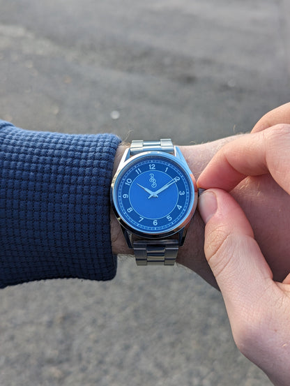 Blue Classic Watch on steel being set, gift for him