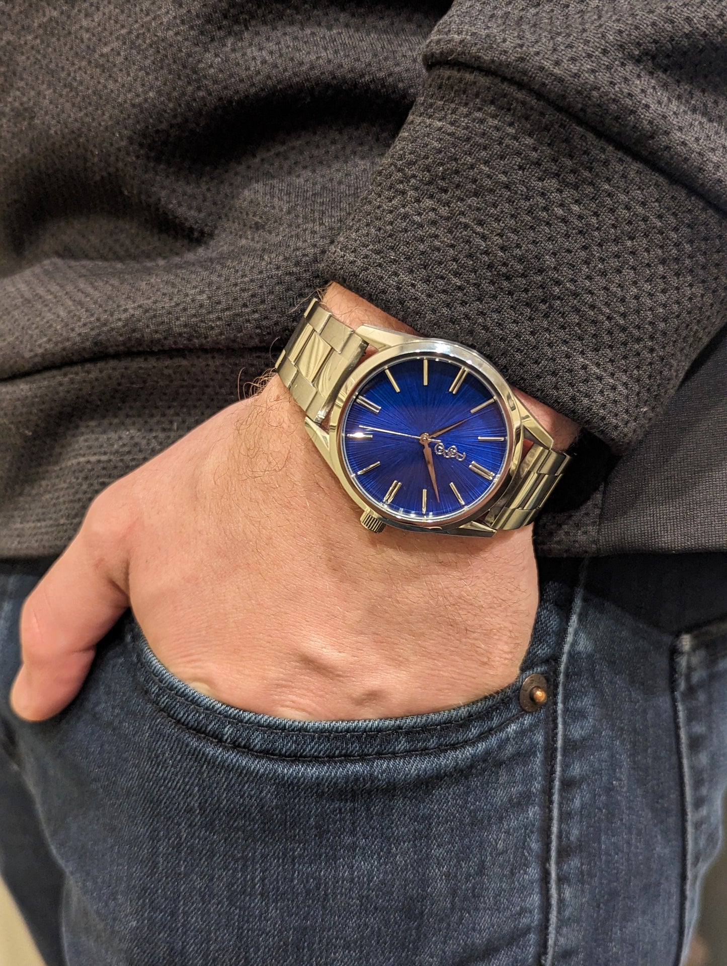 Blue Sunburst Watch steel pocket shot, anniversary gift for him