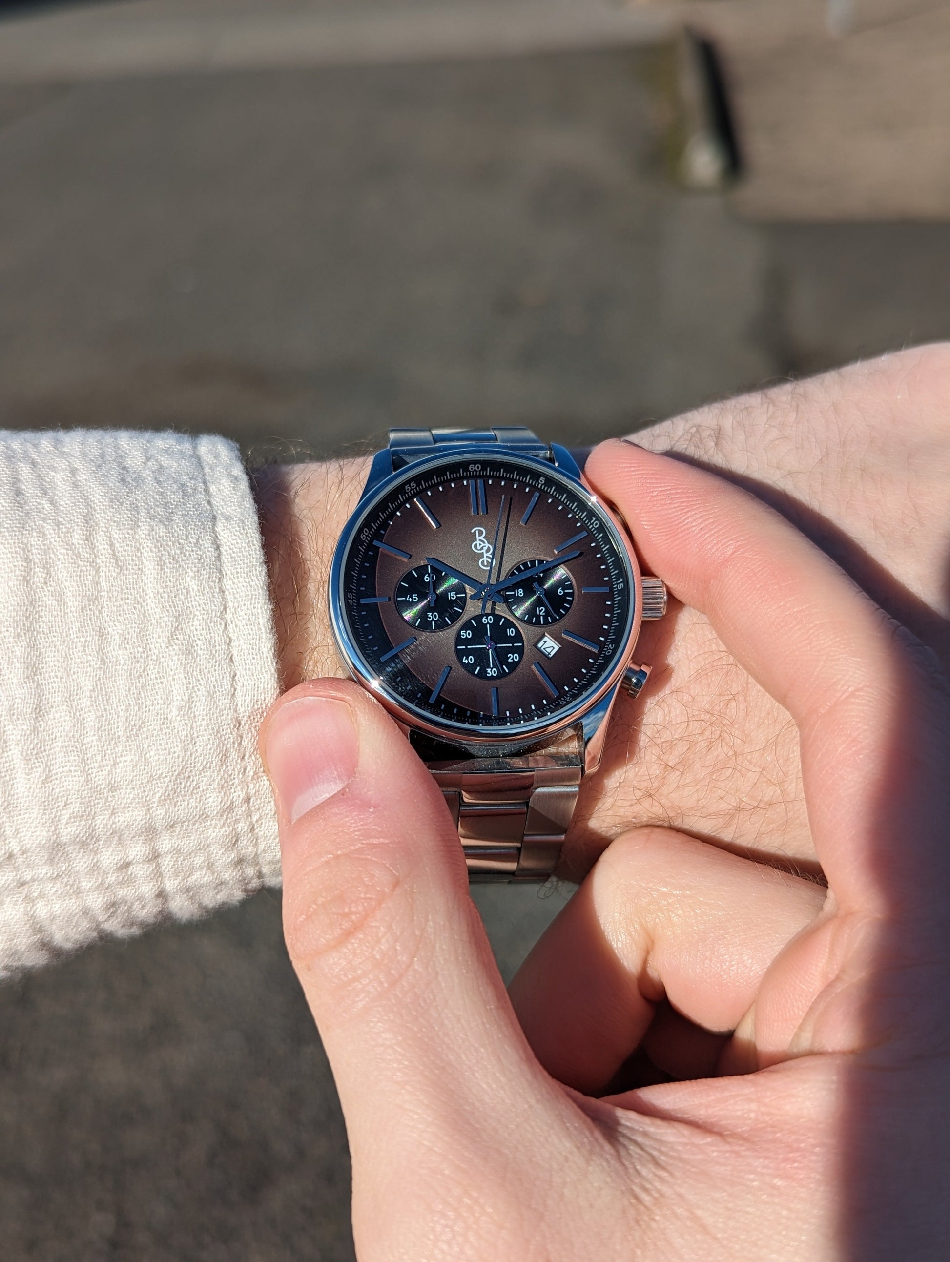 Brown Retro Chronograph on steel being set, anniversary gift