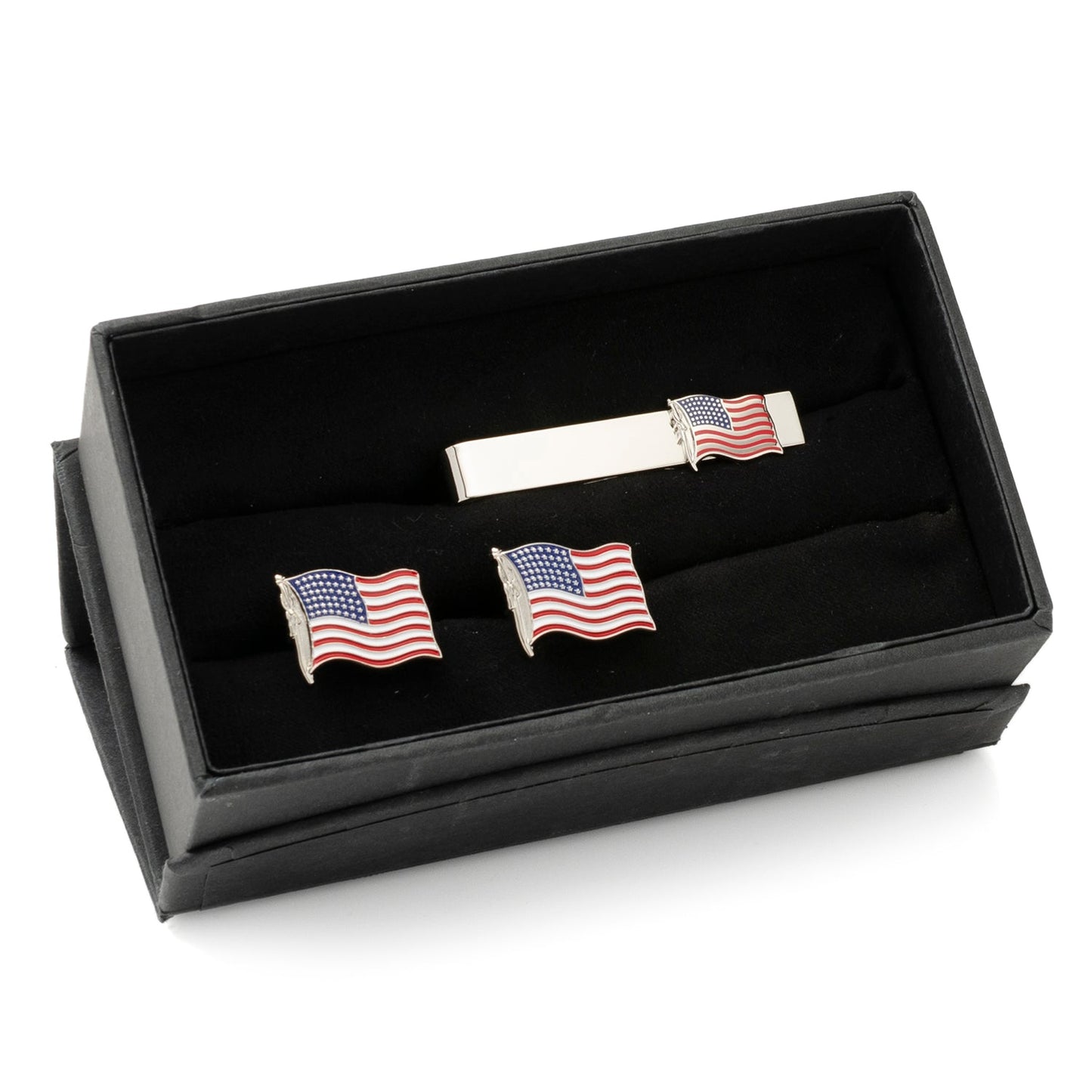 US flag cufflinks and matching tie bar enamel gift set view 1