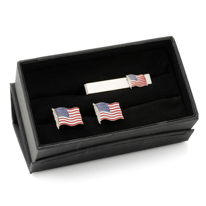 US flag cufflinks and matching tie bar enamel gift set view 1