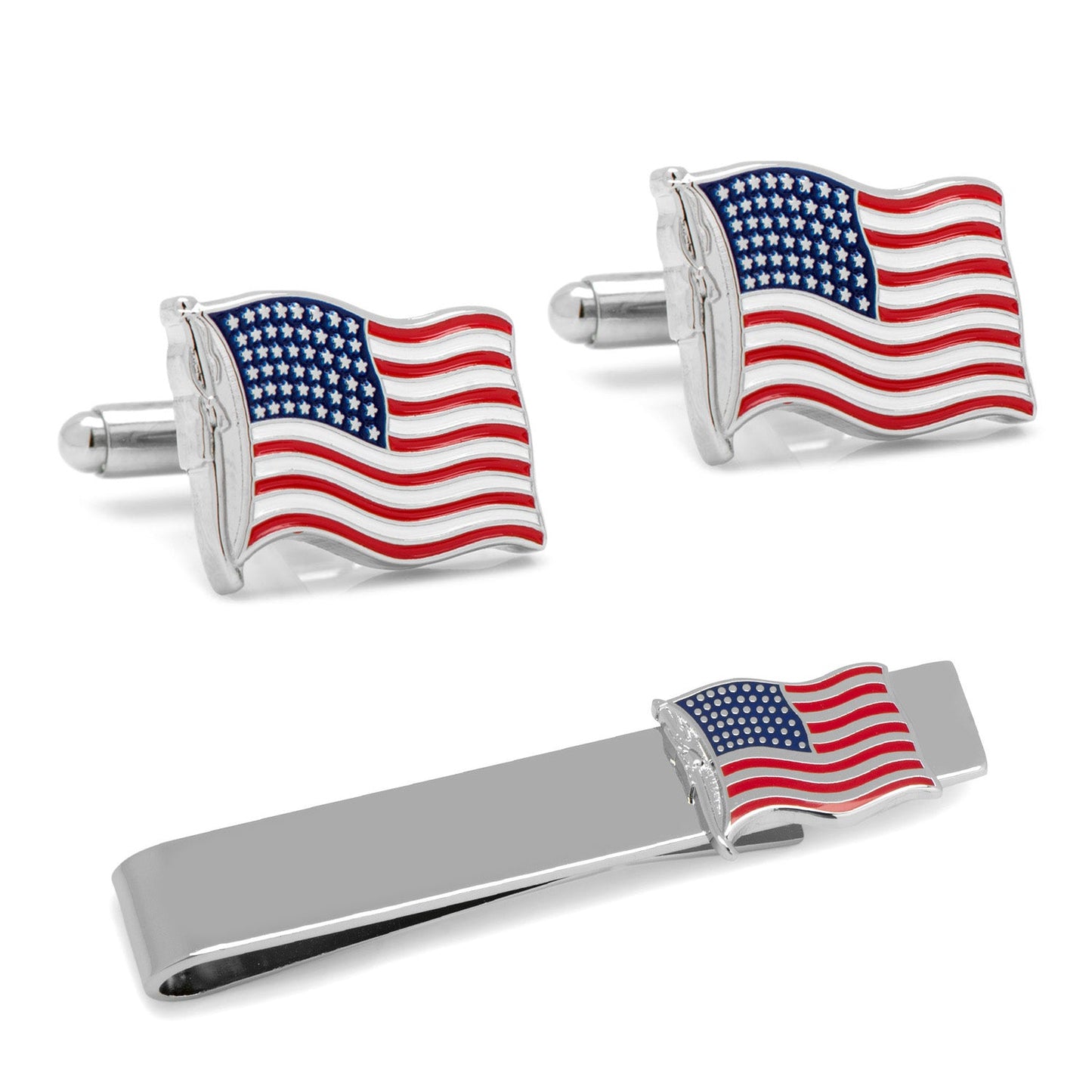 American waving flag cufflinks and tie bar gift set - patriotic gift for him