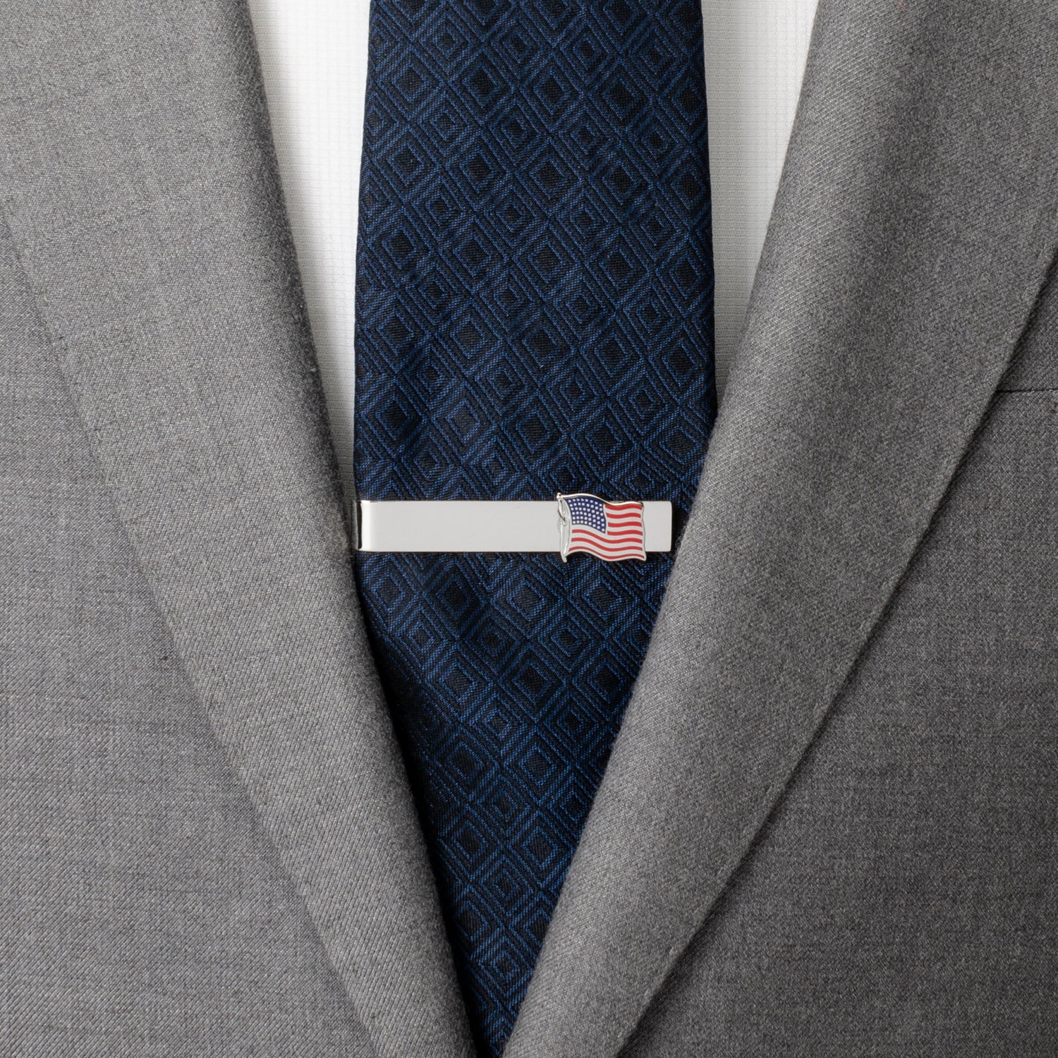 American flag enamel tie bar angle view, patriotic gift for him