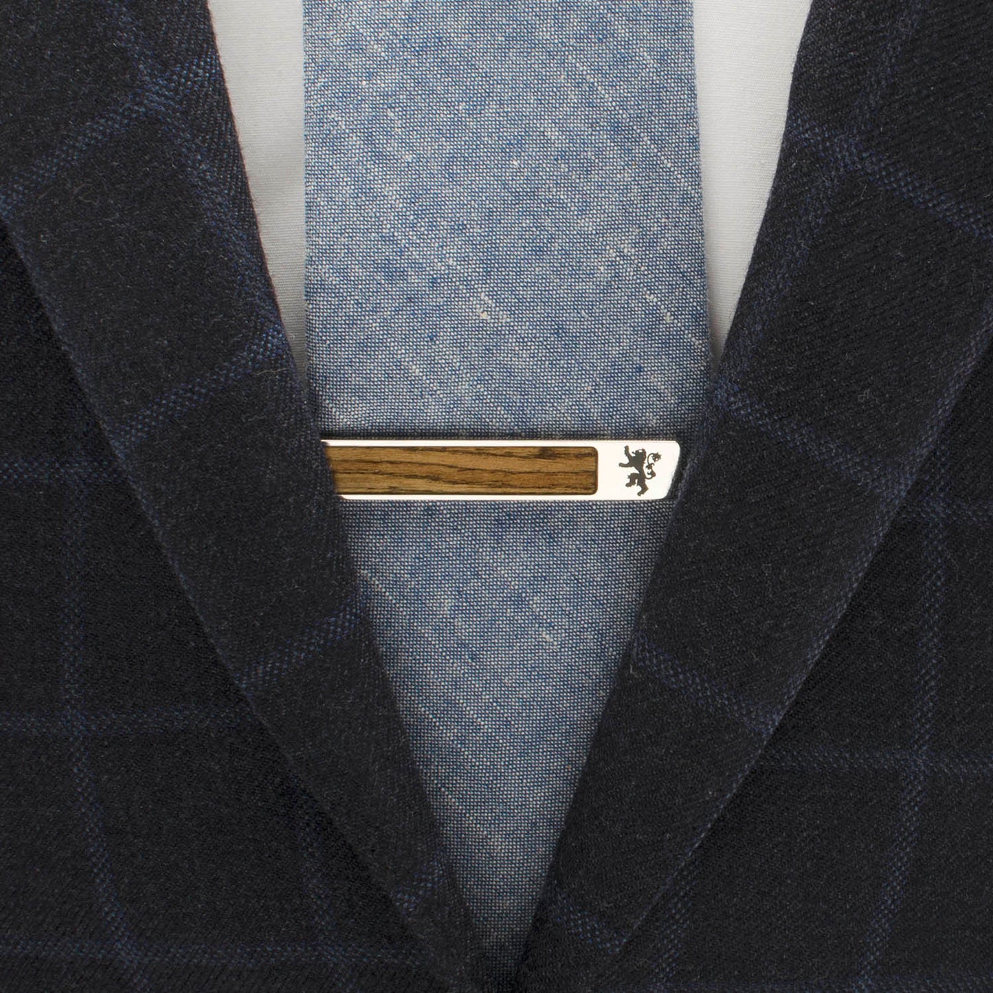 Lannister lion wood inlay tie clip angle view, Game of Thrones gift