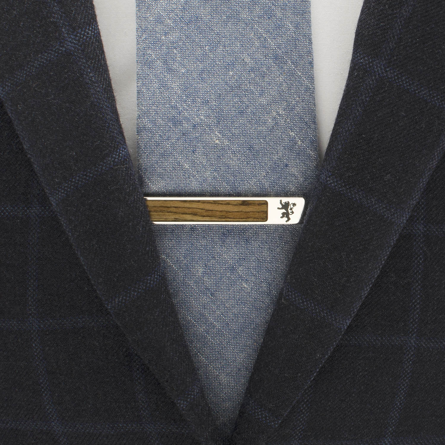 Lannister lion wood inlay tie clip angle view, Game of Thrones gift