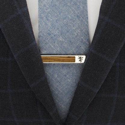 Lannister lion wood inlay tie clip angle view, Game of Thrones gift