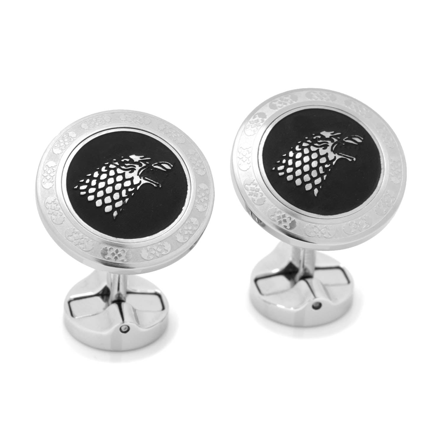 Stark direwolf filigree cufflinks angle view, Game of Thrones fan gift