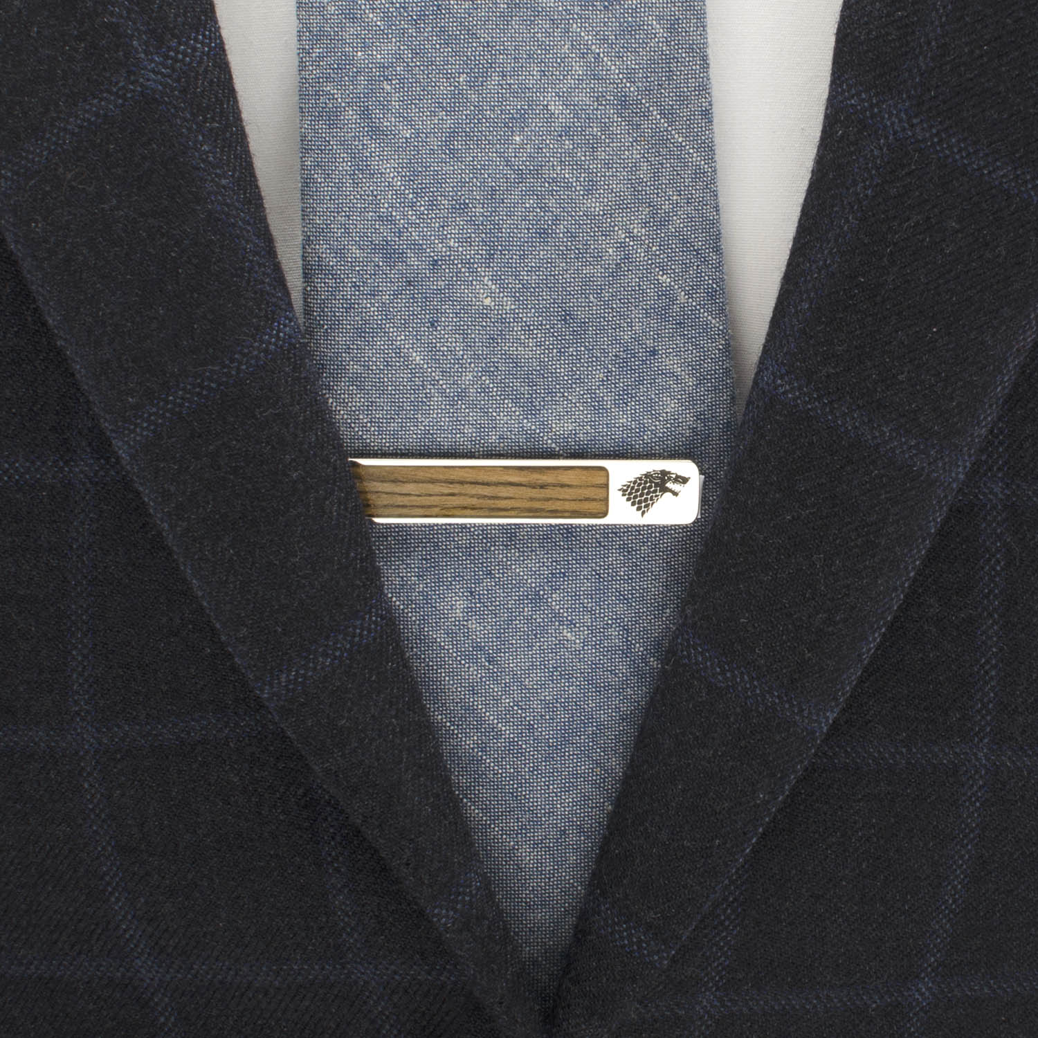 Stark direwolf wood inlay tie clip angle view, Game of Thrones gift