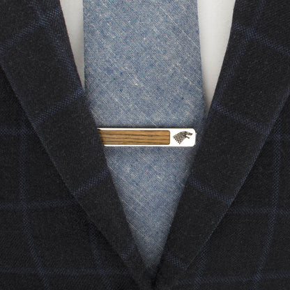 Stark direwolf wood inlay tie clip angle view, Game of Thrones gift