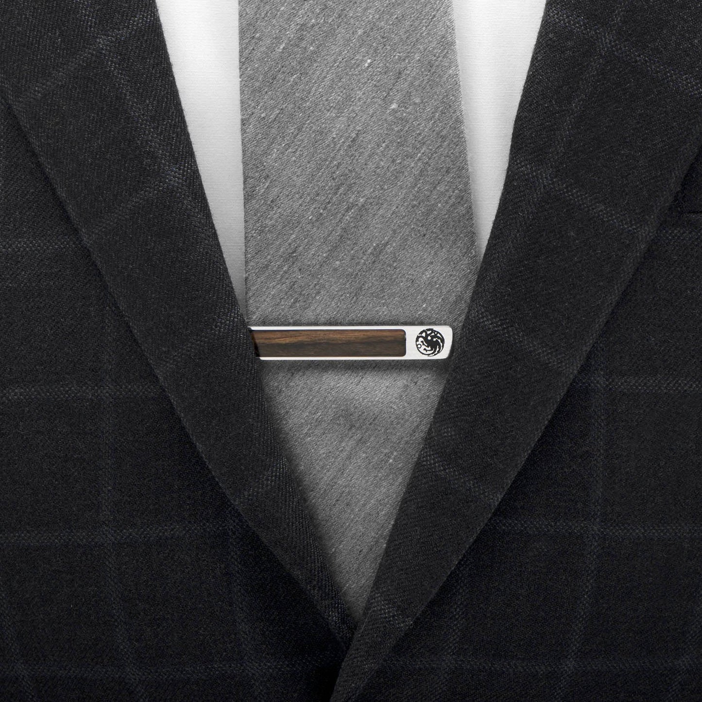 Targaryen dragon wood inlay tie clip angle view, Game of Thrones gift