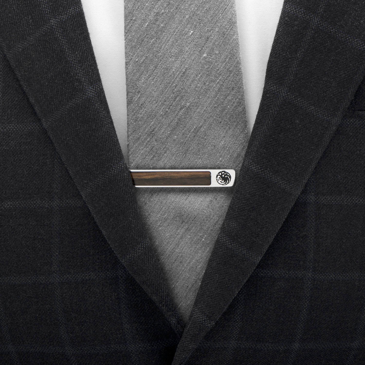 Targaryen dragon wood inlay tie clip angle view, Game of Thrones gift