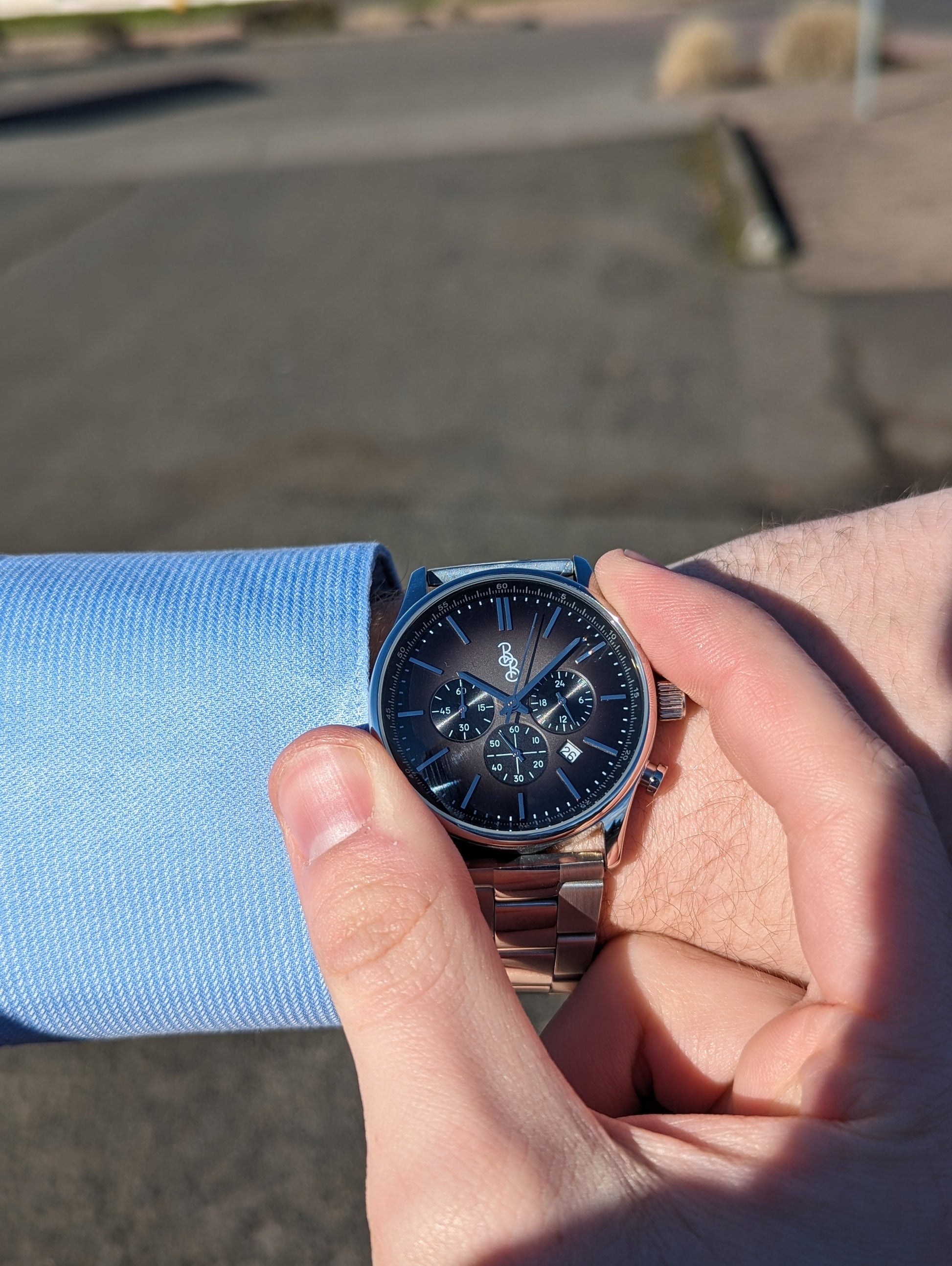 Gray Retro Chronograph on wrist being set, birthday gift for him