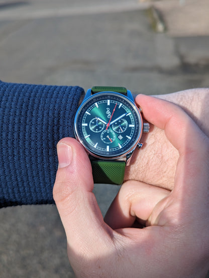 Green Sport Chronograph on silicone being set, gift for him