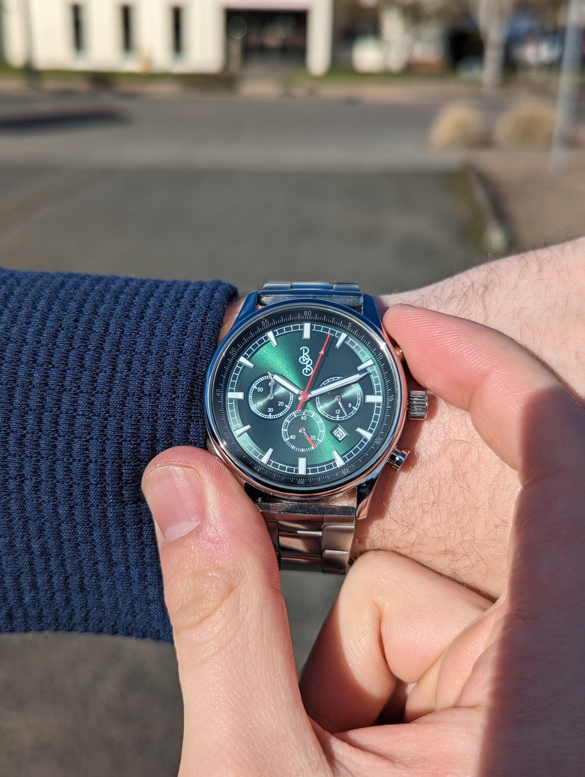 Green Sport Chronograph on steel being set, anniversary gift