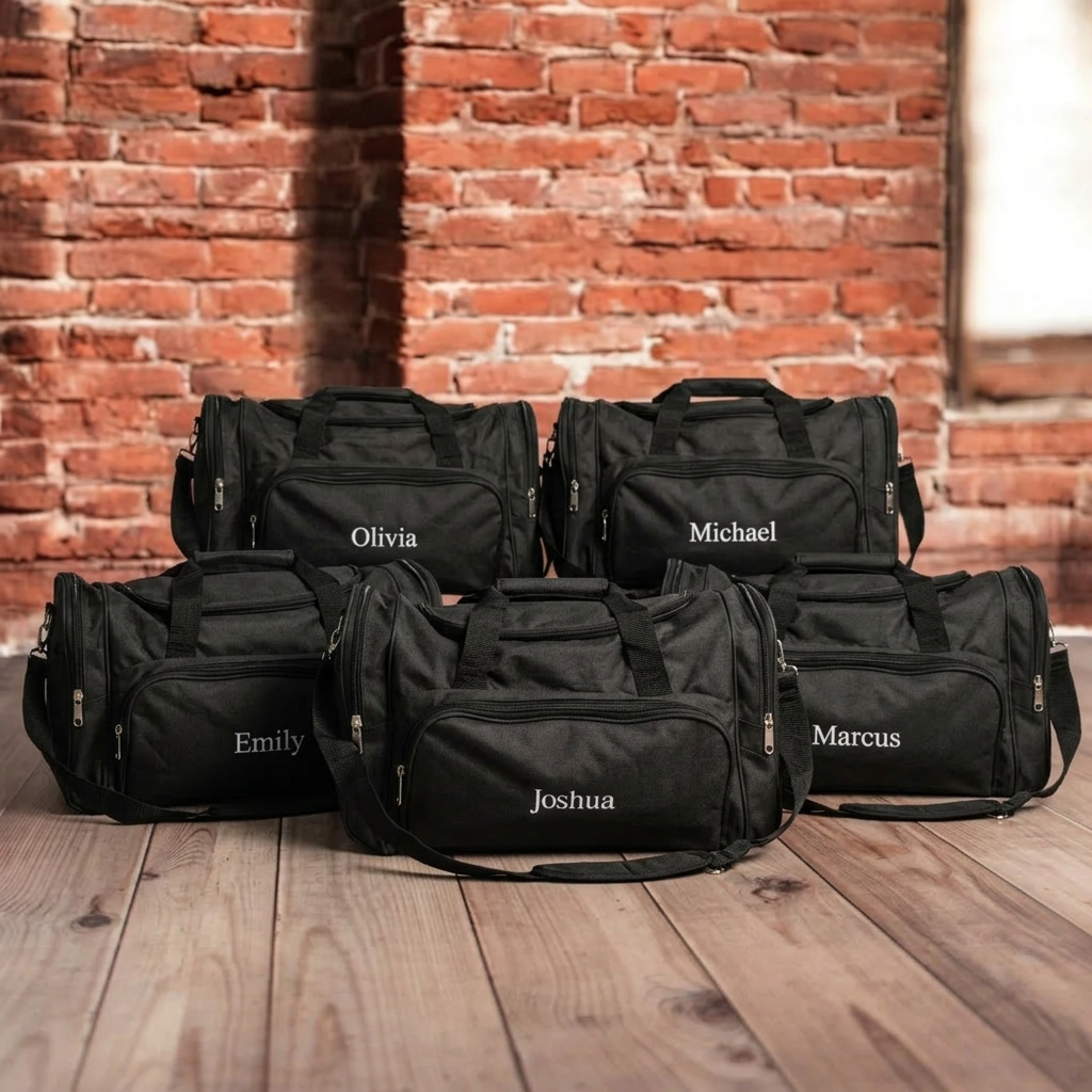 Set of 5 Personalized Black Duffle Bags - groomsmen gift set
