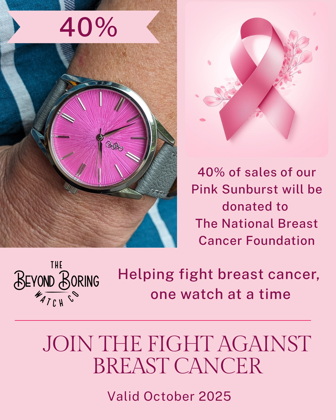 Pink Sunburst Watch breast cancer awareness photo, gift for her
