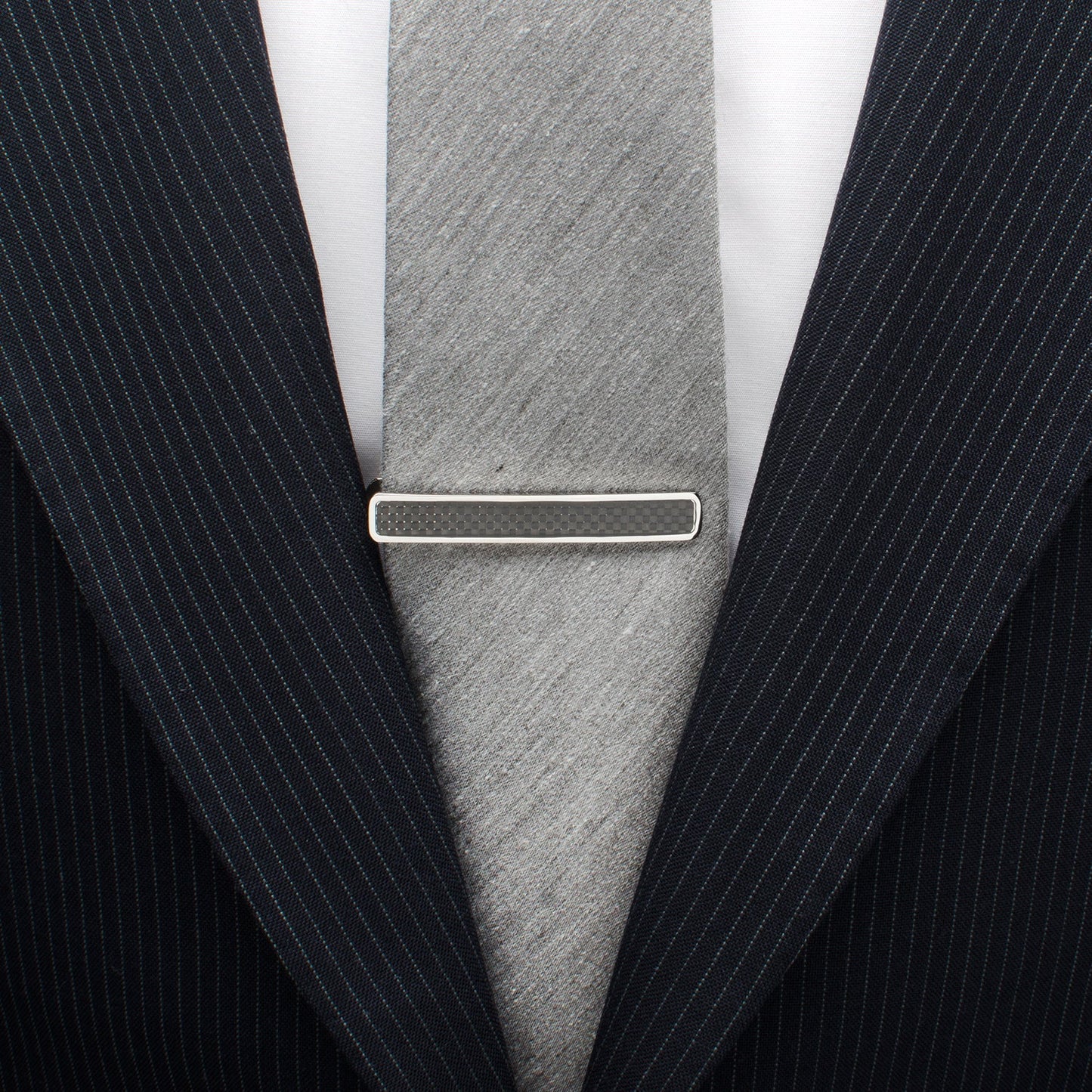 Black carbon fiber stainless steel tie clip angle view, groomsmen gift